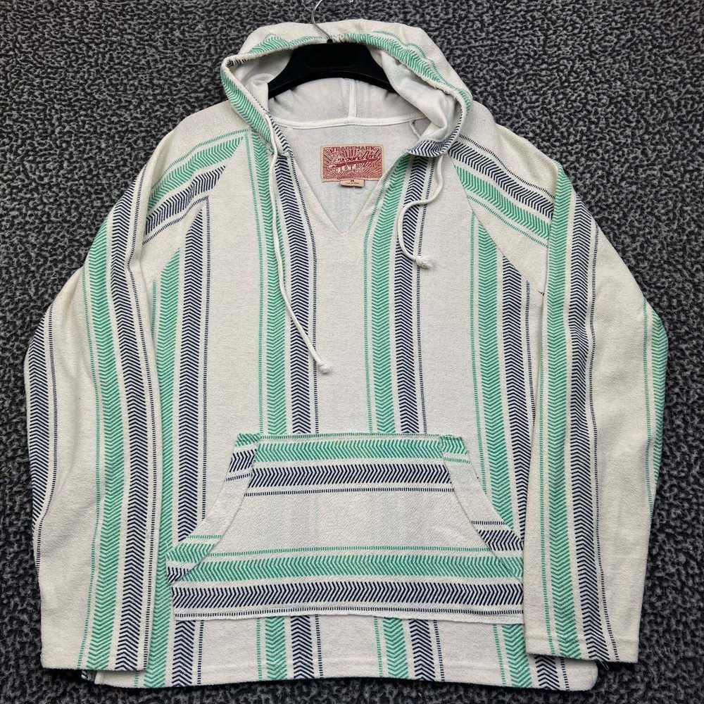 Brooklyn Cloth Baja Hoodie Men‎ Medium White Green Striped Poncho Pocket M